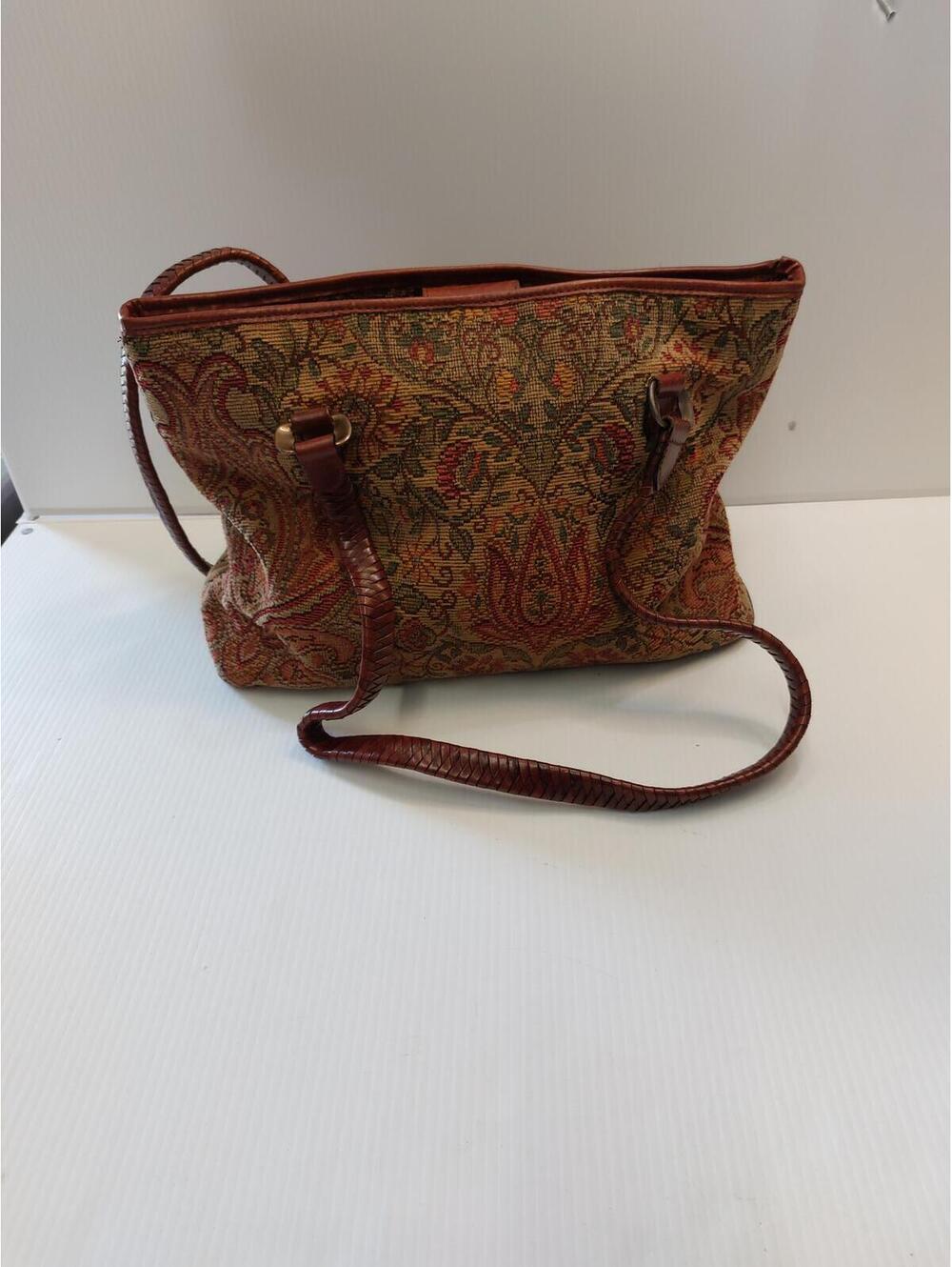 Vintage  Fossil tapestry handbag featuring brown paisley print & leather accent